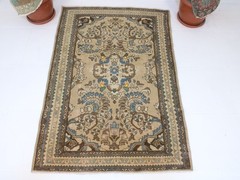 Vintage Turkish Wool Area Rug 4×6 ft | Handmade Wool Beige Blue Rug | 4×6 Ft