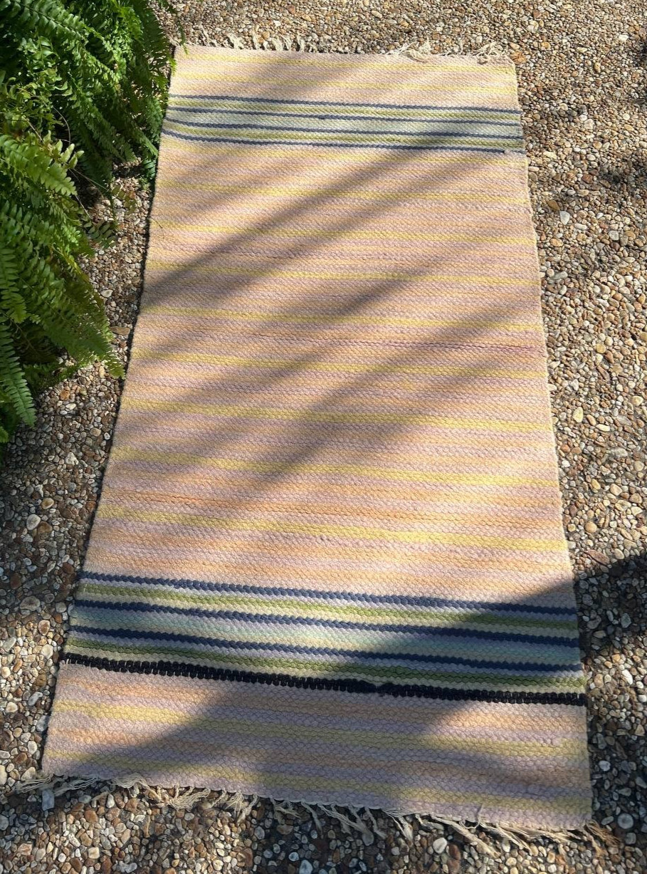 Vintage Handwoven Wool Rug 24.5"x48.5" Pastel Striped Flat Weave MCM gallery