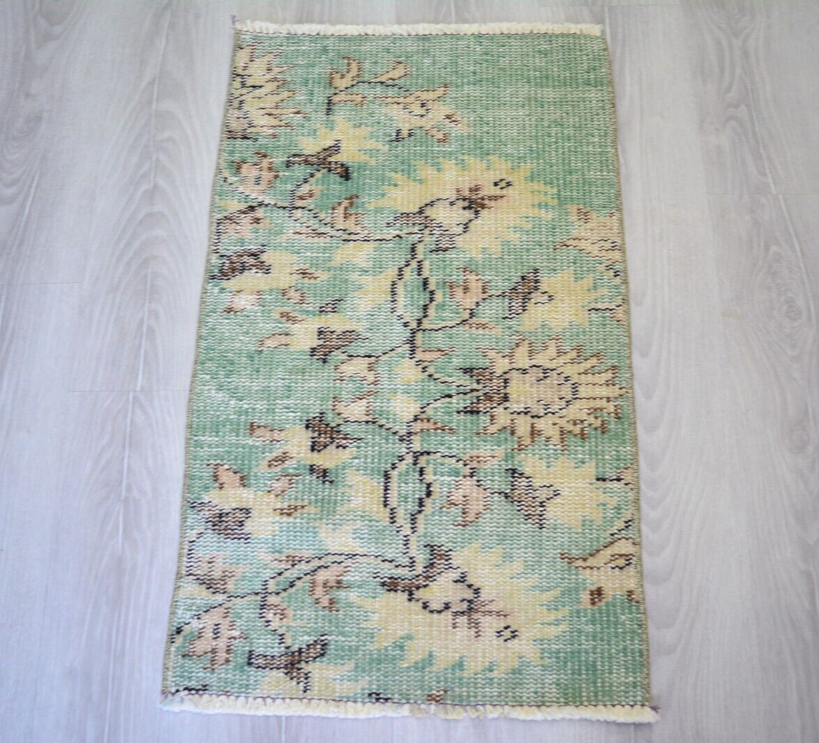Green Antique Handmade Rug, 1.6x2.7ft, Turkish Floral Rug, Vintage Door Mat, gallery