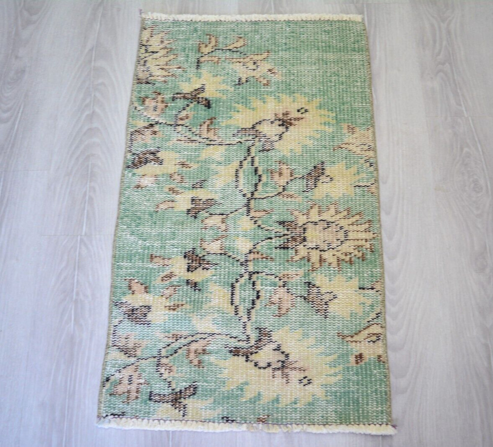 Green Antique Handmade Rug, 1.6x2.7ft, Turkish Floral Rug, Vintage Door Mat,