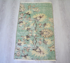 Green Antique Handmade Rug, 1.6×2.7ft, Turkish Floral Rug, Vintage Door Mat,