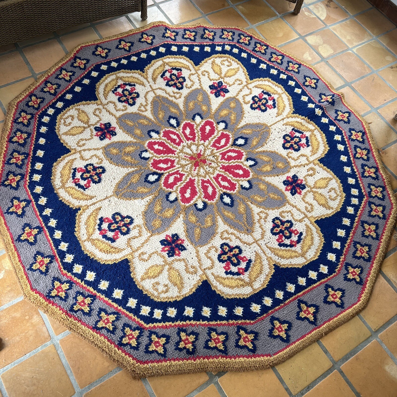Vintage Floral Rya Sweden Oriental Area Rug Hand-Woven Wool Octagon Carpet 72" gallery