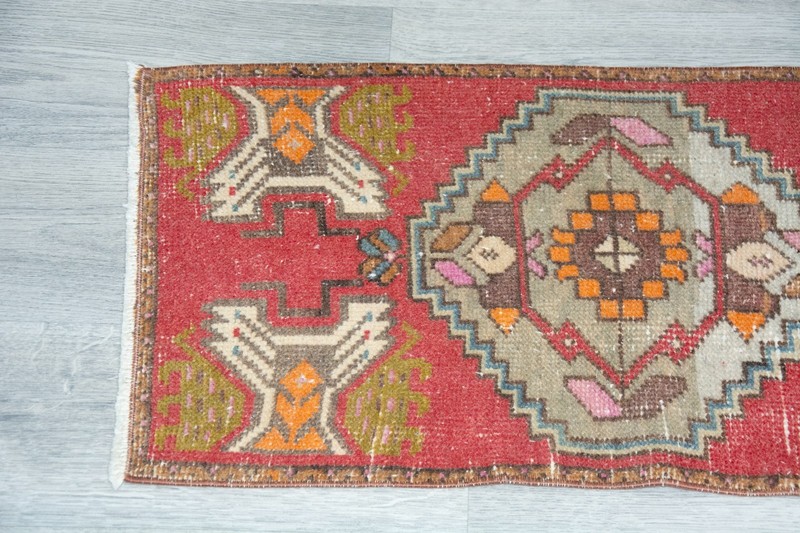 Vintage Turkish Oushak Rug 19x36 Inches, Red Colorful Geometrical Modern Rug gallery