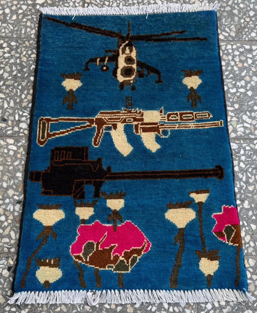 2x3 Afghan Hand Knotted War Rug Helicopter Rifle Blue Wool Carpet New