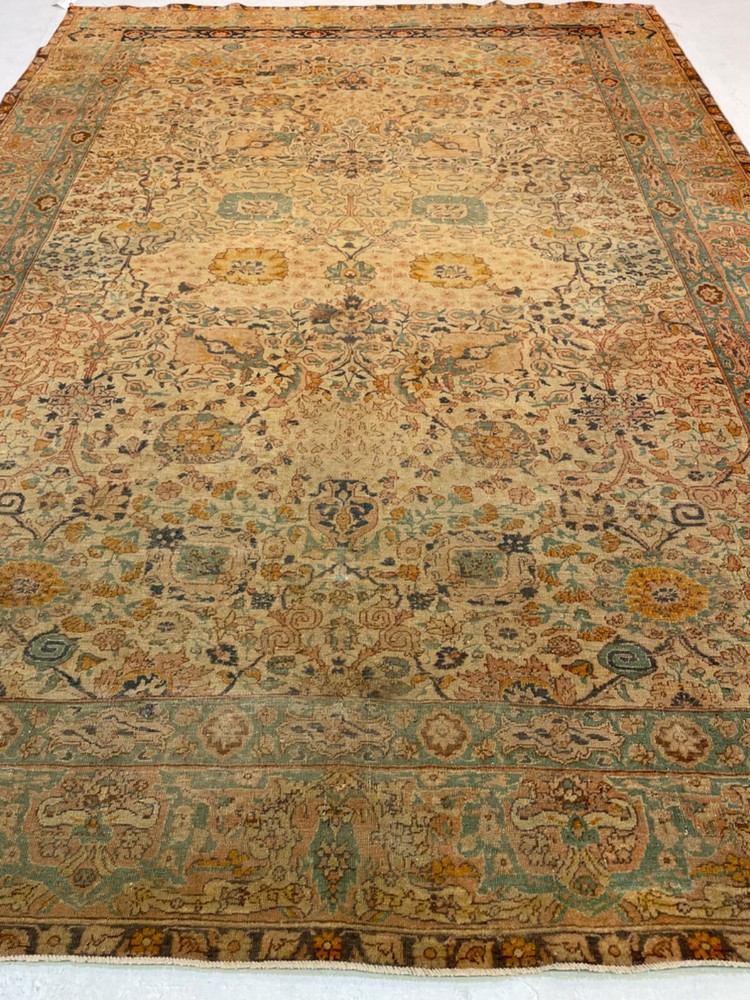 Antique Oriental Hand-Knotted Wool Area Rug Ivory/Blue/Green/Copper 6'5" x 9'1"
