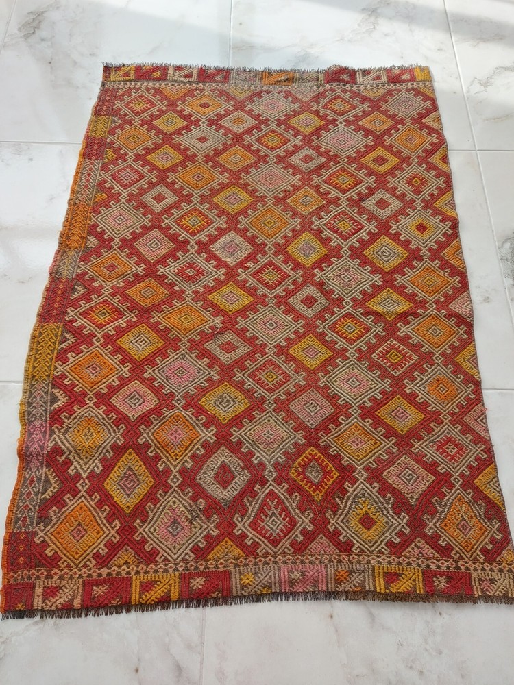 1850s Handwoven Real Antique Carpet Rug Fragment Multicolor Historical Rug