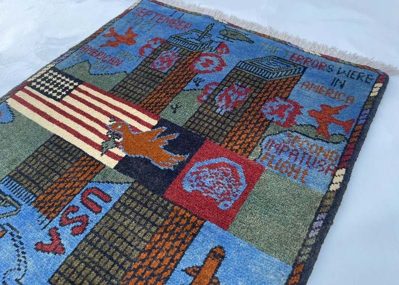 79x60cm Handmade rug 9/11 twin towers War Rug Afghan War Rug Handicrafts #112 gallery