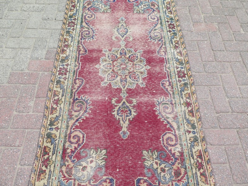 Burgundy Color Floral Medallion Distressed Carpet, Handwoven Vintage Rug 37"x74" gallery