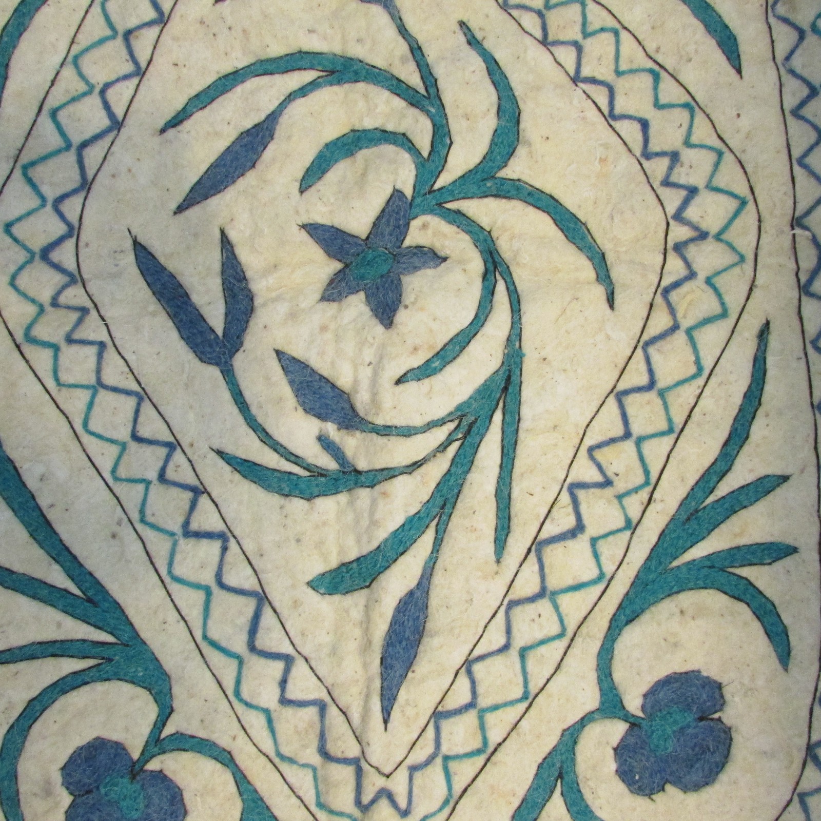 Vintage Kashmiri embroidered wool felt Namda rug blue & white 42"x32" rectangle gallery