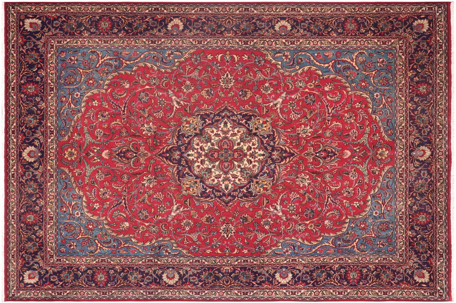 Elegant 9'7" x 12'9" Hand-Knotted Wool Area Rug - Red Field & Blue Medallion gallery