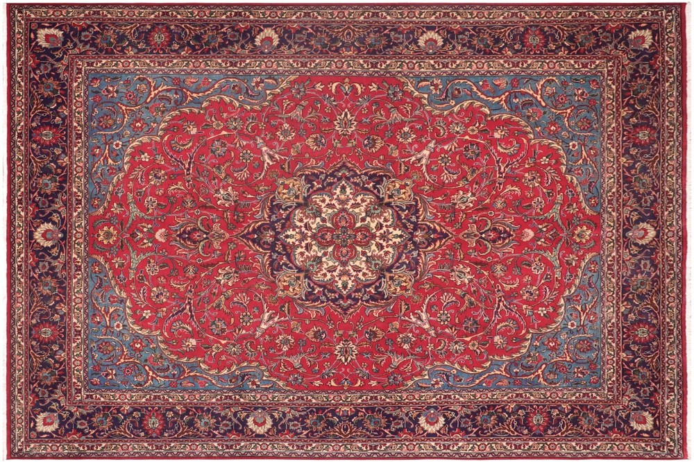 Elegant 9'7" x 12'9" Hand-Knotted Wool Area Rug - Red Field & Blue Medallion