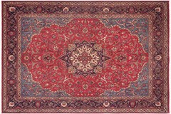Elegant 9’7″ x 12’9″ Hand-Knotted Wool Area Rug – Red Field & Blue Medallion