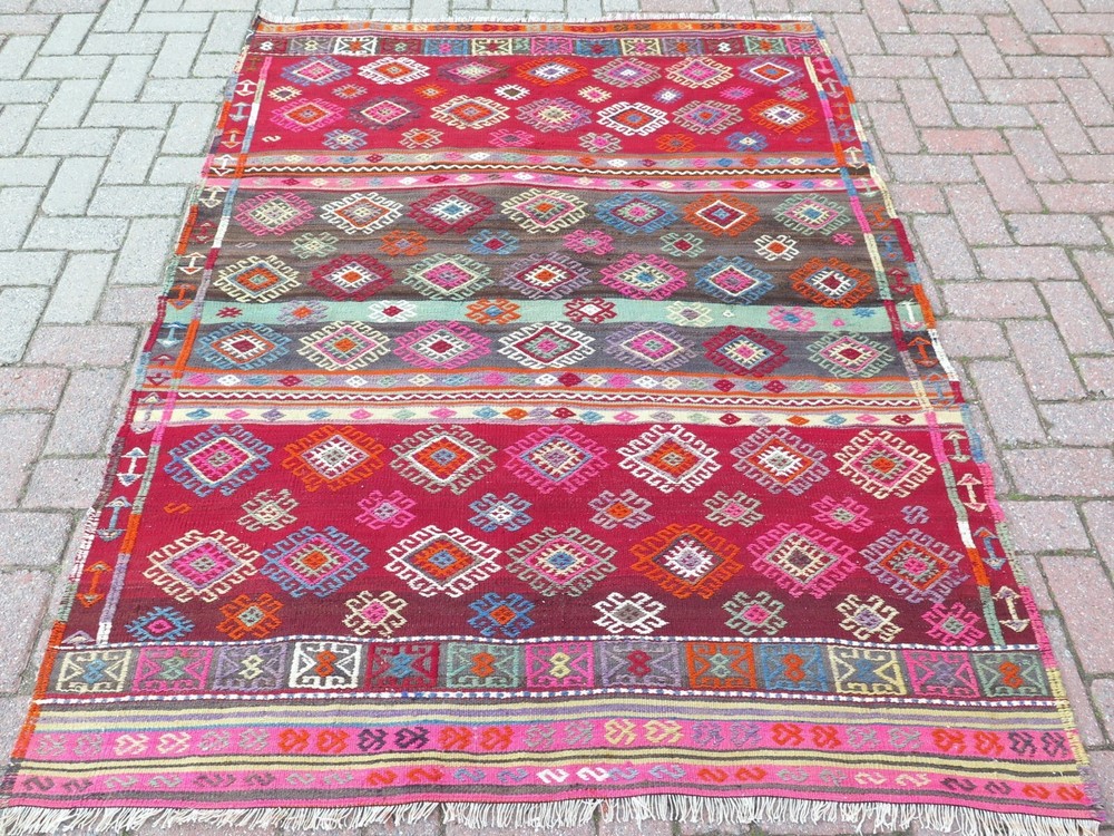Anatolia Nomads Kilim, Modern Design Wool Rug, Red Rug 57"x76" Area Kelim Carpet