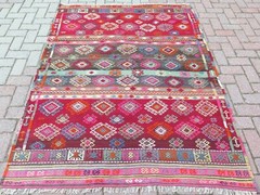 Anatolia Nomads Kilim, Modern Design Wool Rug, Red Rug 57″x76″ Area Kelim Carpet