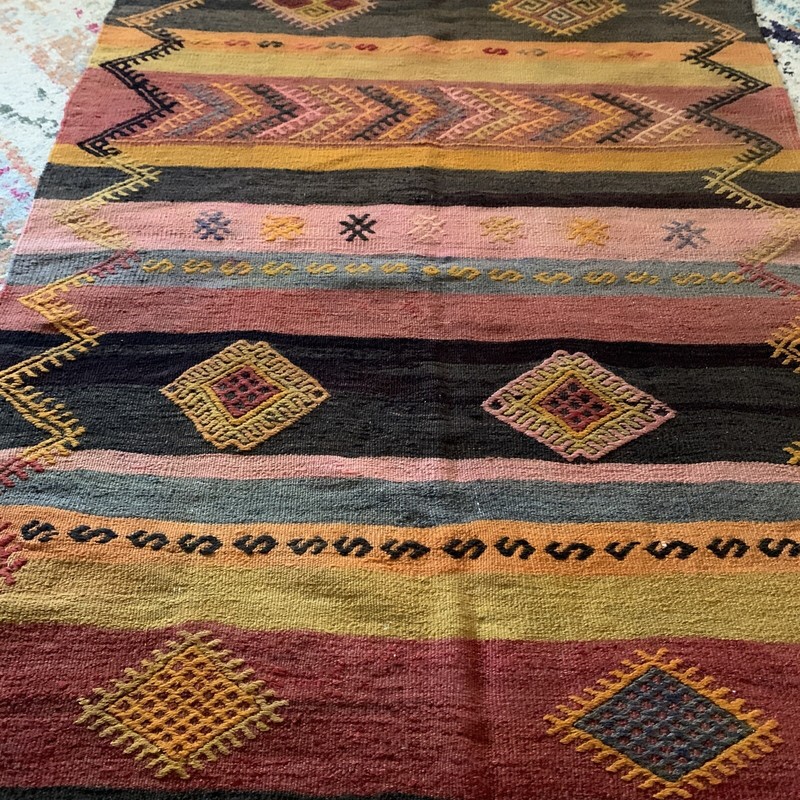 Handmade Turkish Wool Carpet Kilim Halı Black/Brown/Mustard/Pink/Gray/Blue 54x40 gallery