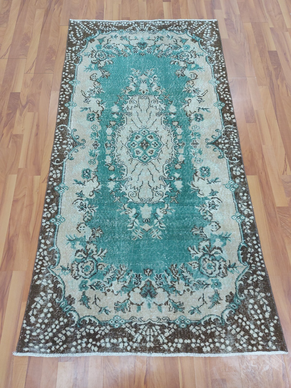 Blue Water Garden With Flowers Carpet Rug, 3.67x7.15 ft Faded Oriental Rug gallery