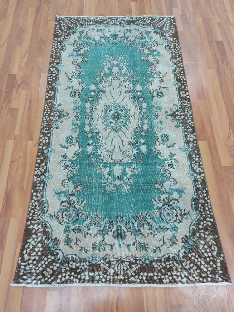Blue Water Garden With Flowers Carpet Rug, 3.67x7.15 ft Faded Oriental Rug