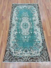 Blue Water Garden With Flowers Carpet Rug, 3.67×7.15 ft Old Faded Oriental Rug