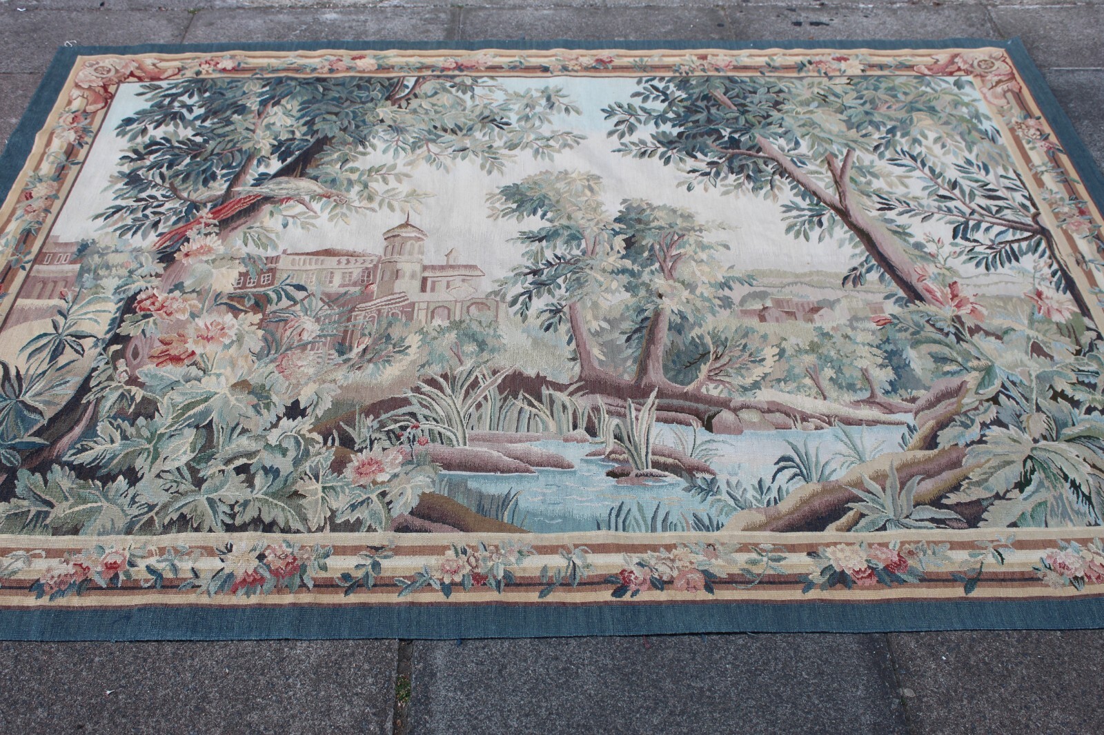 Vintage Hand Made French Design Original Wool Green Aubusson Tapestry 156x208cm gallery