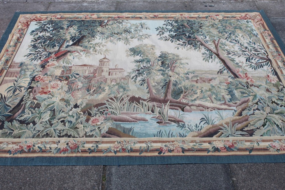 Vintage Hand Made French Design Original Wool Green Aubusson Tapestry 156x208cm