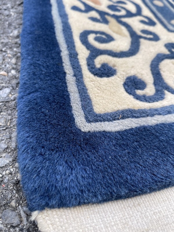 Gorgeous C1960 Hand Tied Sculpted Chinese Blue & White Peking Style Wool Rug gallery