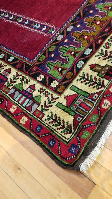 Stunning Vintage 1950-1960s Wool Pile Vegy Dye Prayer Rug 4’5”x9’ gallery