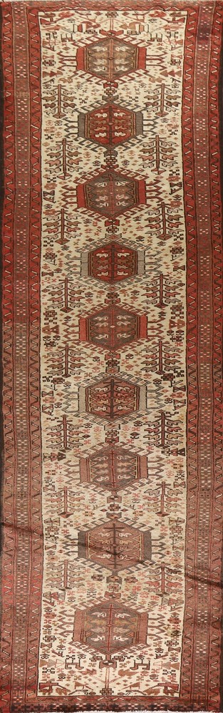 Tribal Geometric Ivory Wool 13 ft Runner Hand-made Traditional Rug 3x13 Carpet