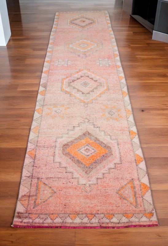 Turkish Runner Rug HandMade Wool Long Hallway Rug PINK Kitchen Decor 3x12.3 ft gallery
