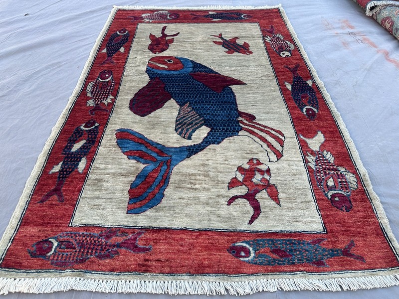 Hand Knotted Afghan Wool Rug 3x5 Pictorial Fish Red Border Area Carpet gallery
