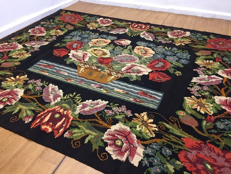 Vintage Turkish Floral Kilim Rug 9x11ft Handmade Flatweave Black Background Wool gallery