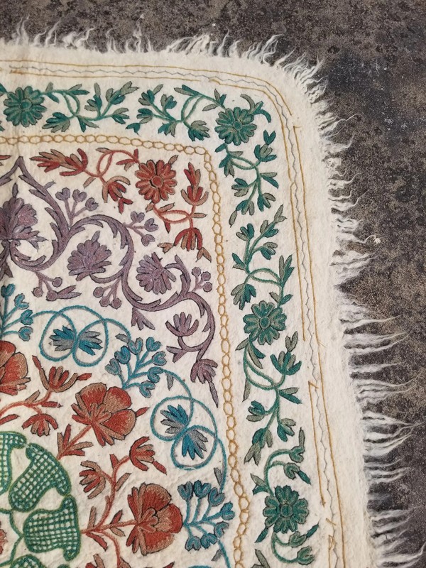 Vintage Handmade Kashmiri Chain Stitch Embroidered Wool Multi Rug 6.0x3.8 ft gallery