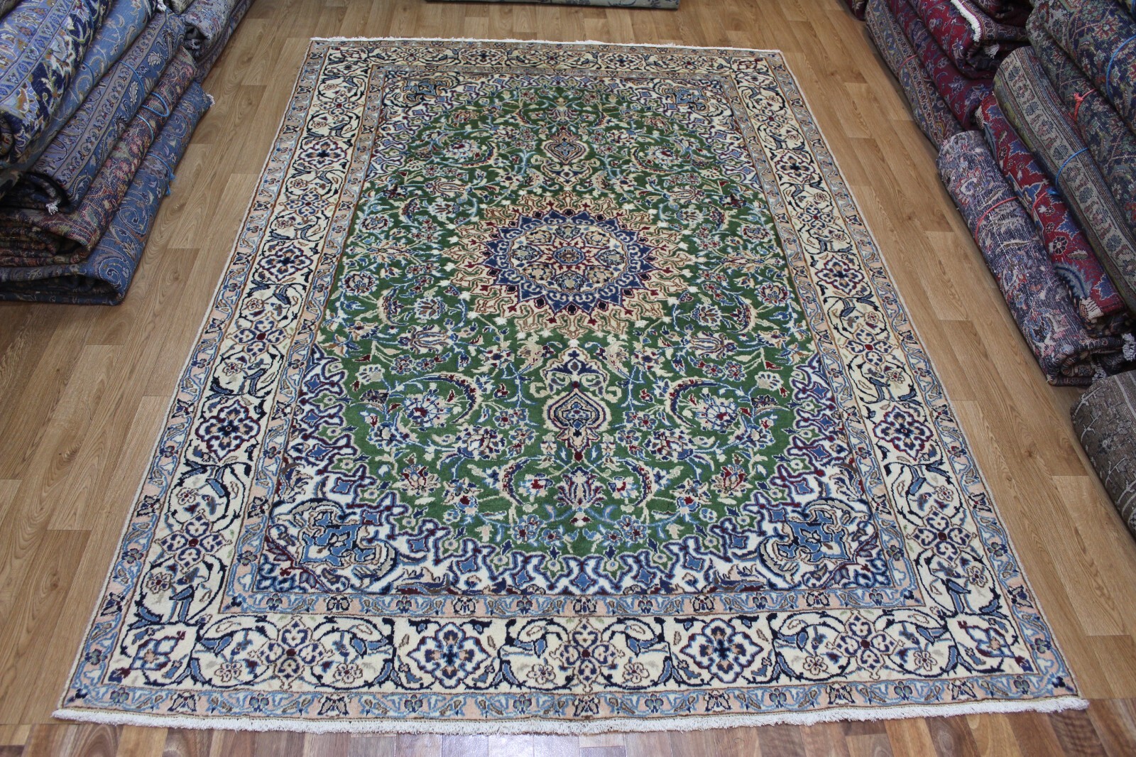 FINE HANDMADE NAIN WOOL RUG GREEN NAIN RUG WITH SUPERB COLOURS 285 X 195 CM gallery
