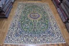 FINE HANDMADE NAIN WOOL RUG GREEN NAIN RUG WITH SUPERB COLOURS 285 X 195 CM