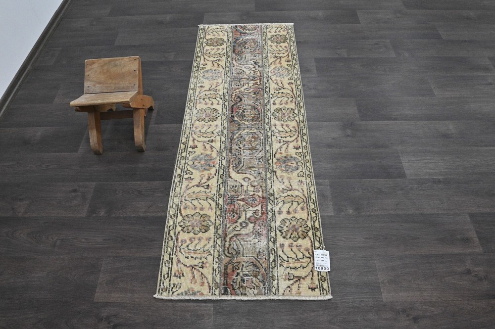 Vintage Turkish Runner Rug 2x5ft Wool Anatolian Handmade Hallway Oushak BEIGE