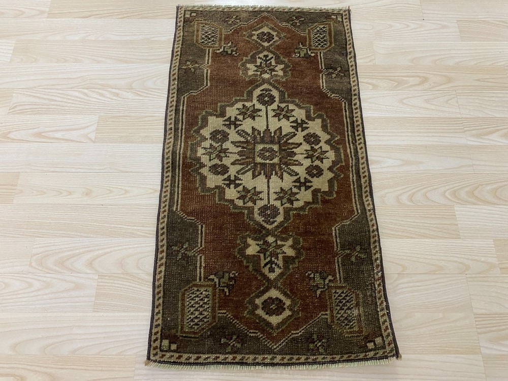 Antique Turkish Rug 1.3x2.5 ft Vintage Brown Cream Star Medallion Wool Boho Mat