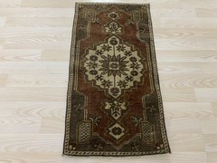 Antique Turkish Rug 1.3×2.5 ft Vintage Brown Cream Star Medallion Wool Boho Mat