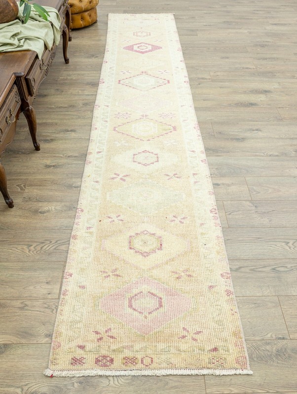Turkish Oushak Mocha Pink Blue Wool Runner 2.3x12.4 ft Hand Woven Vintage Carpet gallery