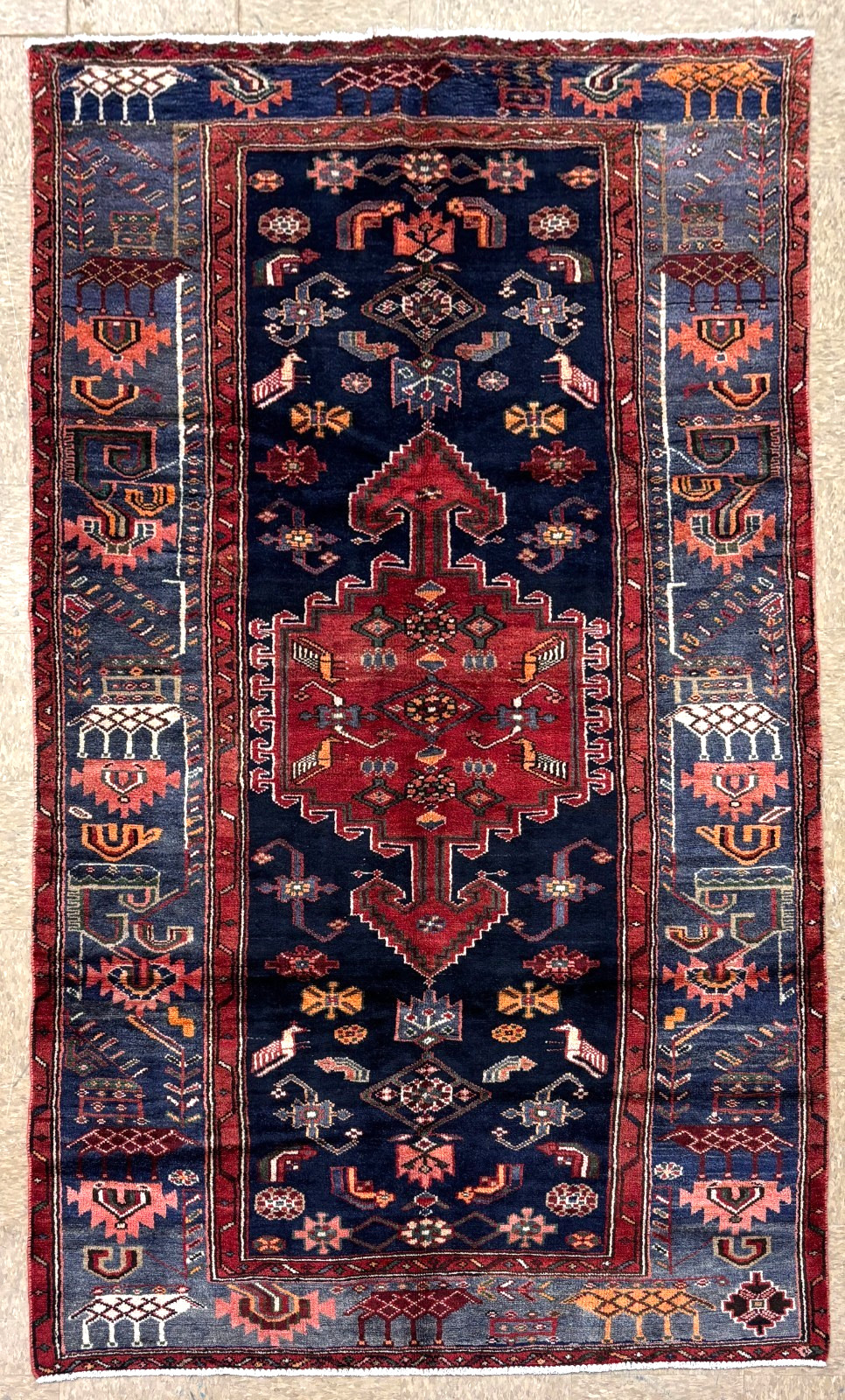 5x9 Hand Knotted Vintage Hamedan Wool Rug Navy Blue Tribal Bird Animal Oriental gallery