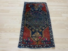 Vintage Handwoven Turkish Small Rug 1.3×2.5 ft Wool Tribal Boho Carpet