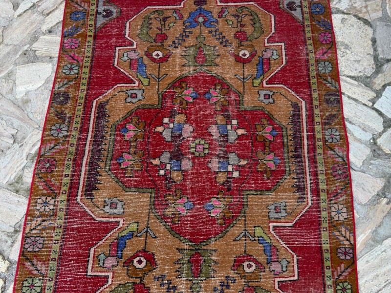 Handmade Vintage Area Rug 4x8 Red Cotton Distressed Carpet Medium Size Anatolian gallery