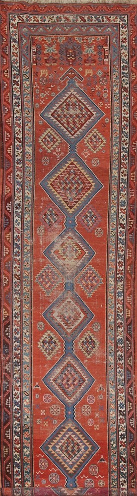 Pre-1900 Heriz Bakhshayesh Runner Antique Rug 3'x16' Vegetable Dye Handmade Rug