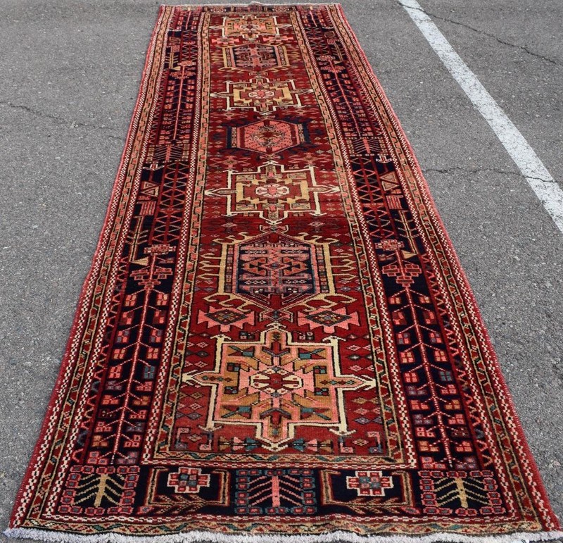 Rug Geometric Vintage Caucasian Heris Handmade Wool Runner Rug 4 x 11 3'7 x 11'5 gallery