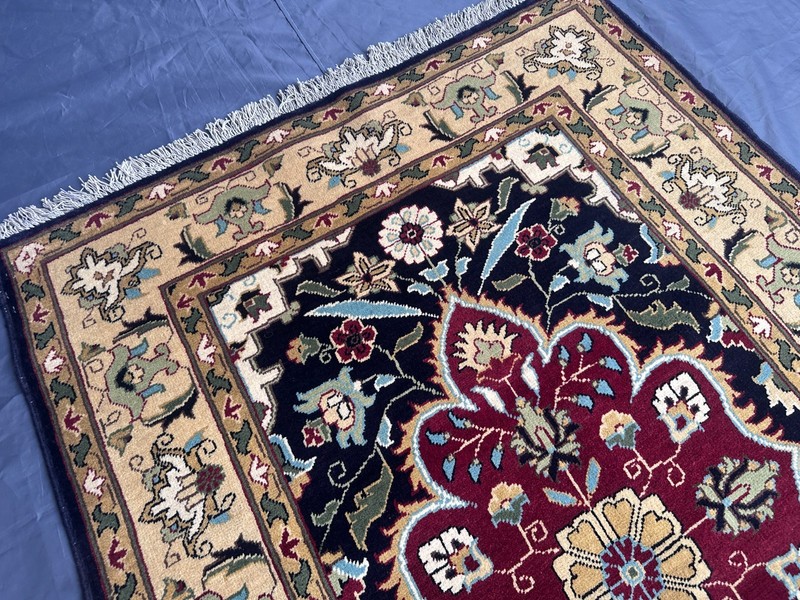 Black Turkish Floral Rug 3.4x4.10 Vintage Hand Knotted Wool Gold Medallion gallery