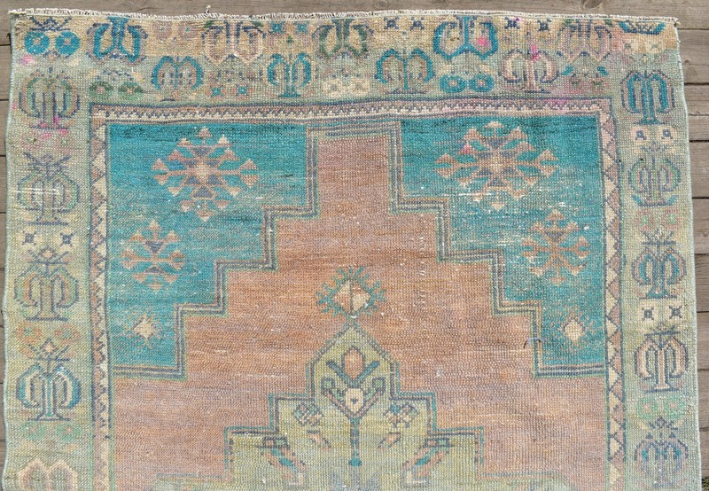 Turkish Rug 43''x85'' Vintage Tribal Rug Blue Oushak Carpet 110x218cm 3x7 gallery