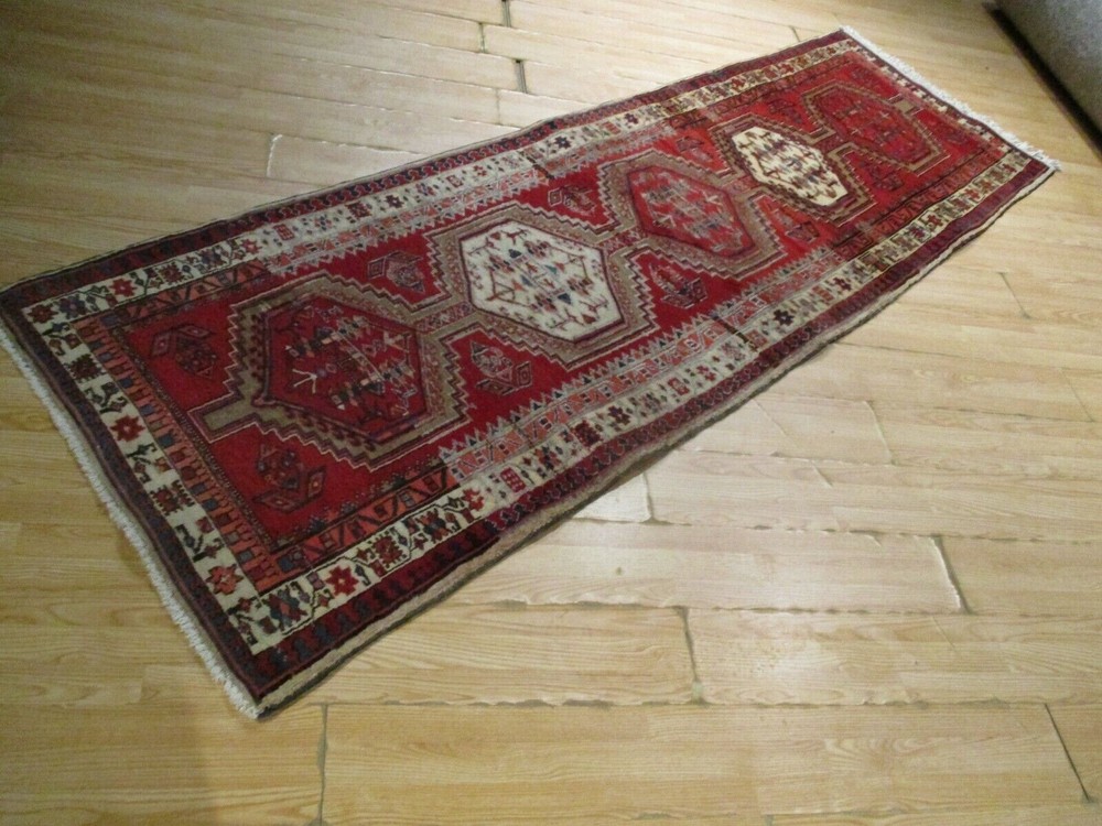 ESTATE 10 FEET RUNNER CIRCA 1950 VEGETABLE DYE HANDMADE-KNOTTED WOOL RUG 582823