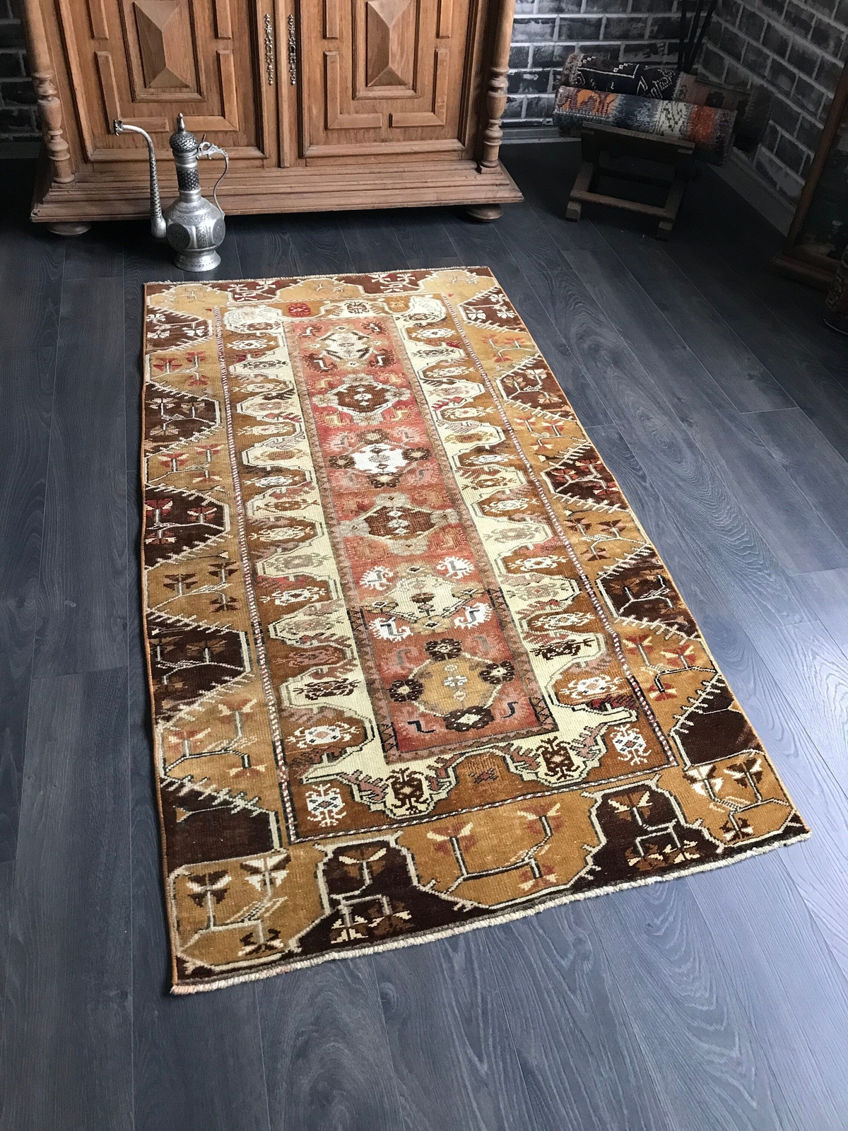 3.3x6 Medium Vintage Brown Turkish Oushak Wool Rug gallery