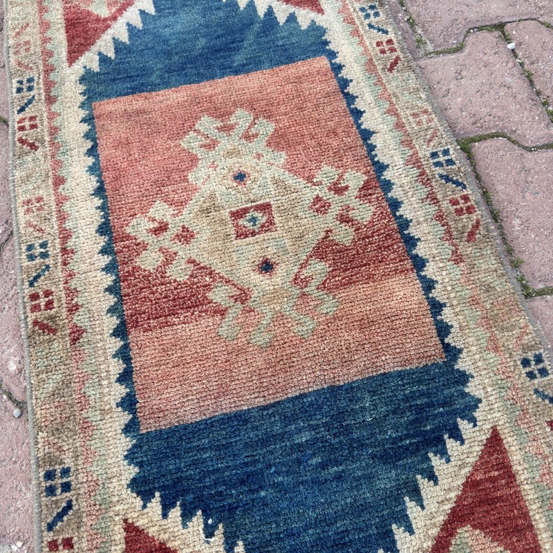 Blue Terracotta 1x3 ft Vintage Turkish Wool Rug - Tariff Free gallery
