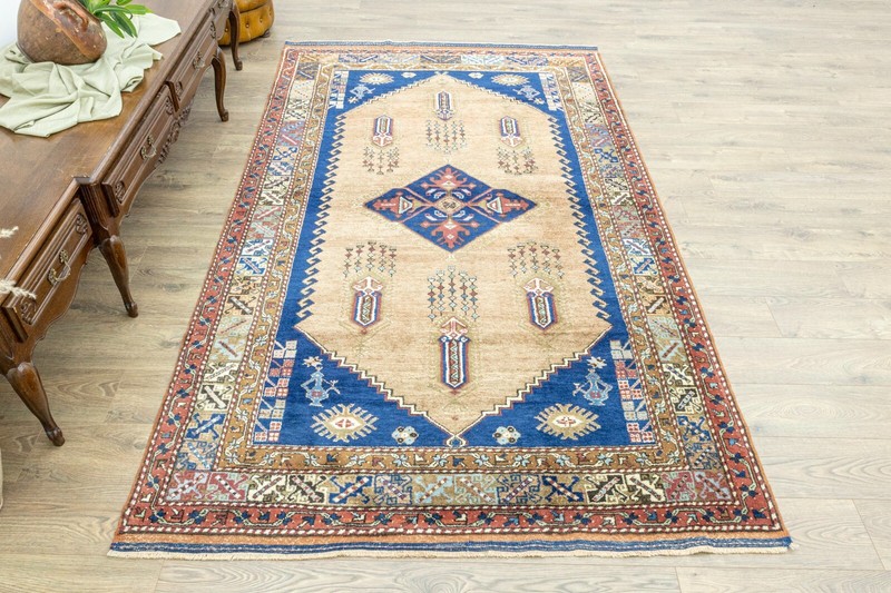 Antique Blue Pink Green Turkish Oushak Rug 5.3x9.3 ft Hand Woven Vintage Carpet gallery