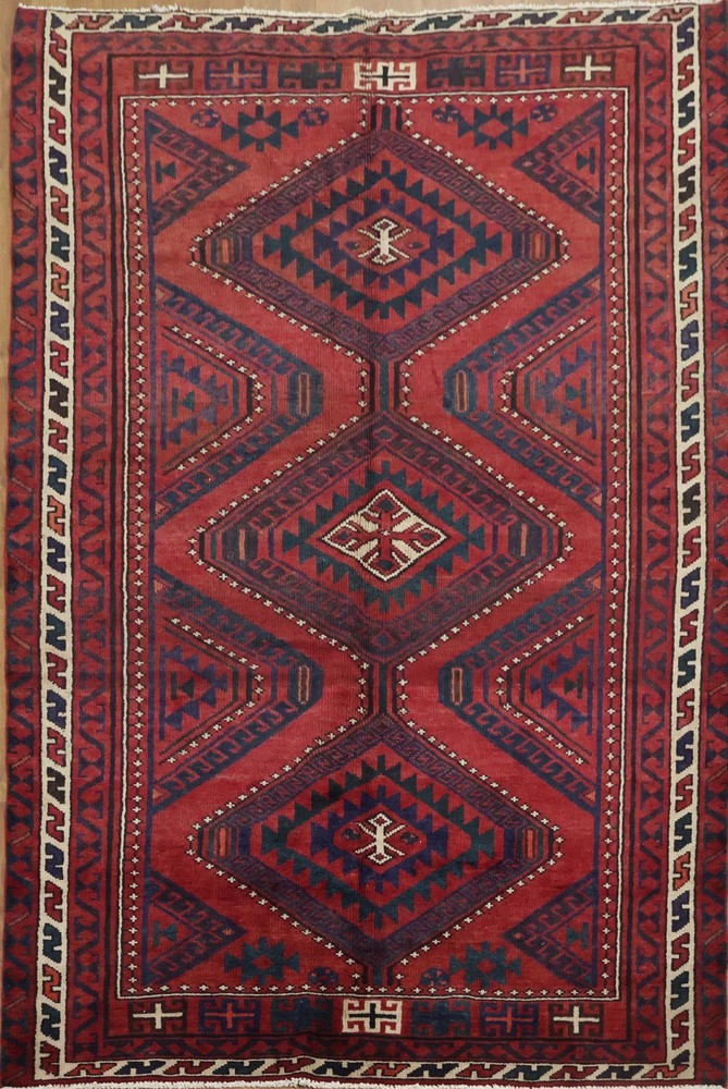 Rich Red Geometric Area Rug Wool Hand-made Living Room Vintage Tribal Carpet 6x8