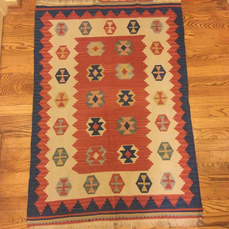 Vintage Kilim Wool Rug Blue Rust 47” X 23” Hand Knotted Turkey Tribal Carpet gallery